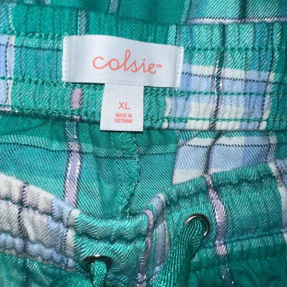 Cloise, XL green plaid metallic Flannel drawstring wide leg pocket pajama bottom - Picture 6 of 8